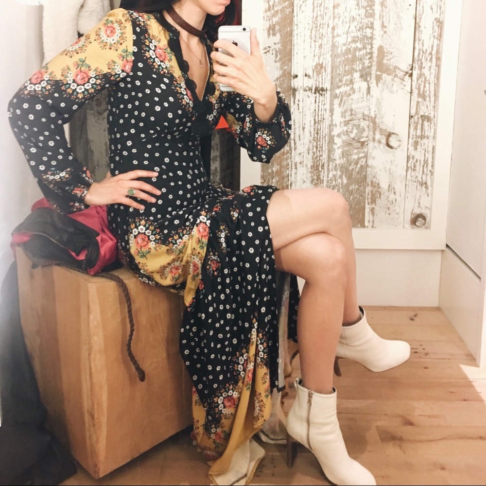 FARM Rio x Anthropologie Floral Blocked Maxi Dress Black Yellow Small